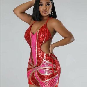 Glamorous Red and Pink Sequin Backless Dress